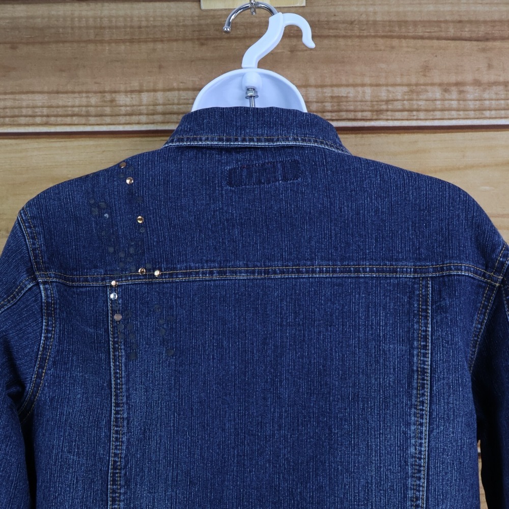 Love Jeans Cropped Denim Jacket Womens Size S Blue Dark Wash Rhinestones Pockets - Picture 4 of 8